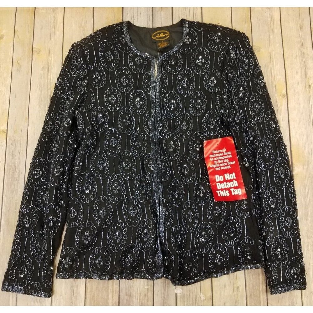 Allure Women’s Vintage Clip‎ On Handmade Beaded Sequin Cardigan M Black NEW B33